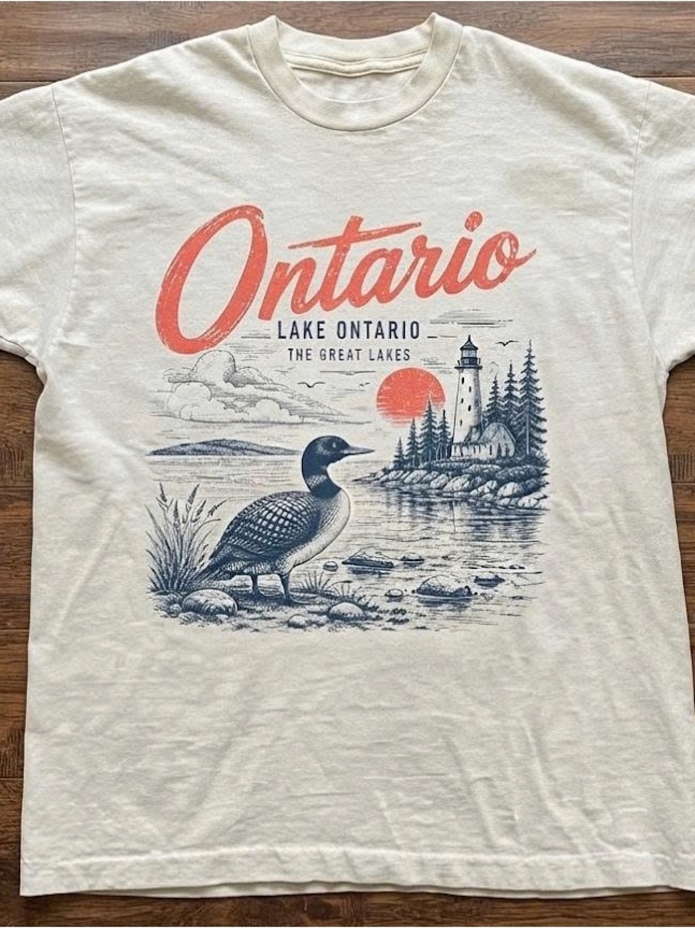 Ontario lake Short-Sleeve Ontario Graphic Tee with Coral and Navy Print
